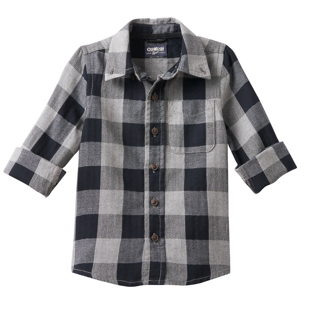 Boys Oshkosh black & gray plaid flannel shirt 4-7X